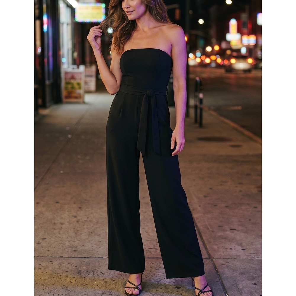 Princess Polly Strapless Wide Leg Black Jumpsuit Belted Tie-Front Size 12